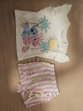 Disney Lilo & Stitch Girls White Top with Pink Striped Floral Shorts Pajama Set